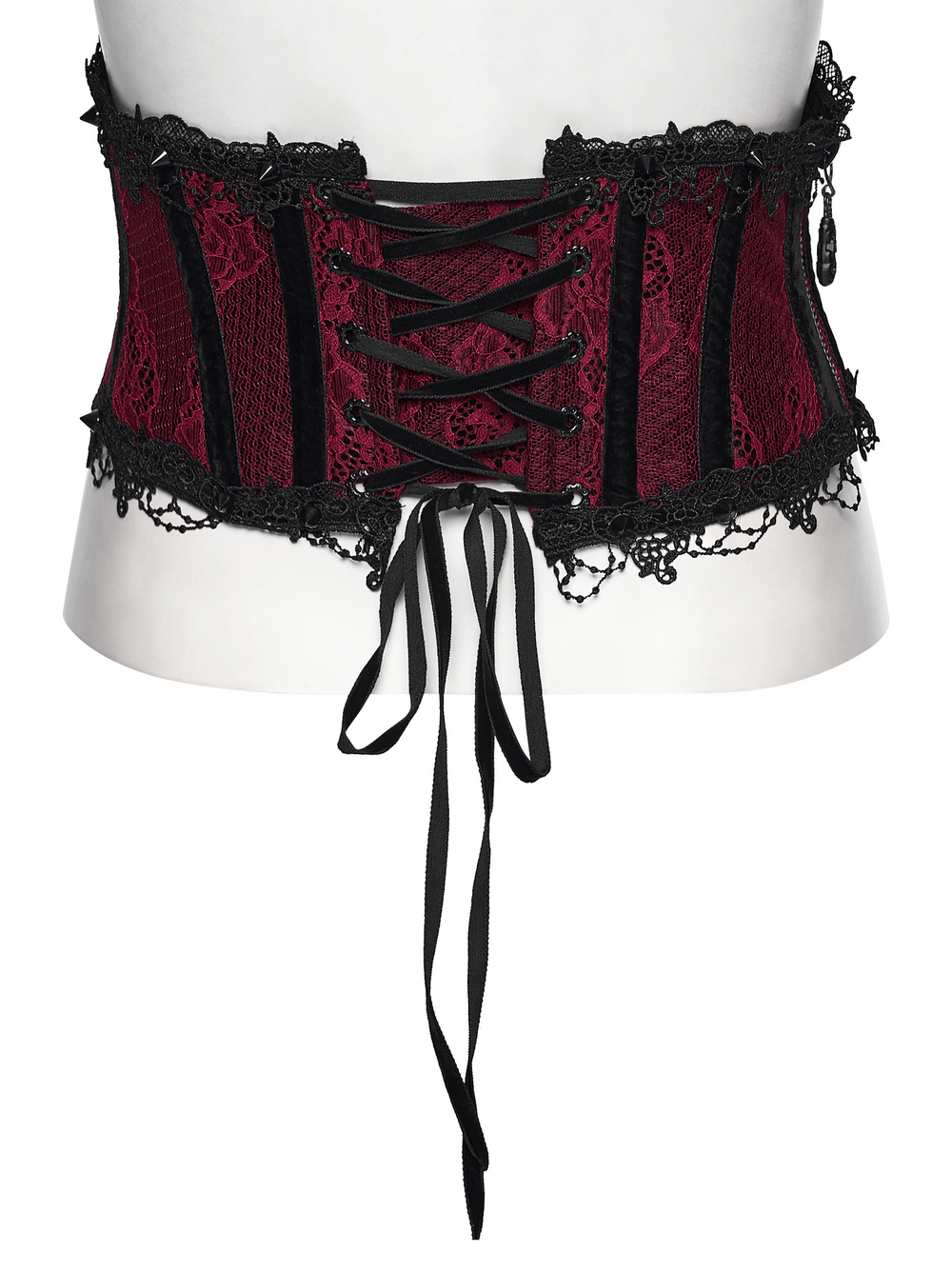Alt Tag: Wine Red Black Lace Up Gothic Waist Cincher Corset in red-and-black lace with front lacing, gothic lingerie waist trainer