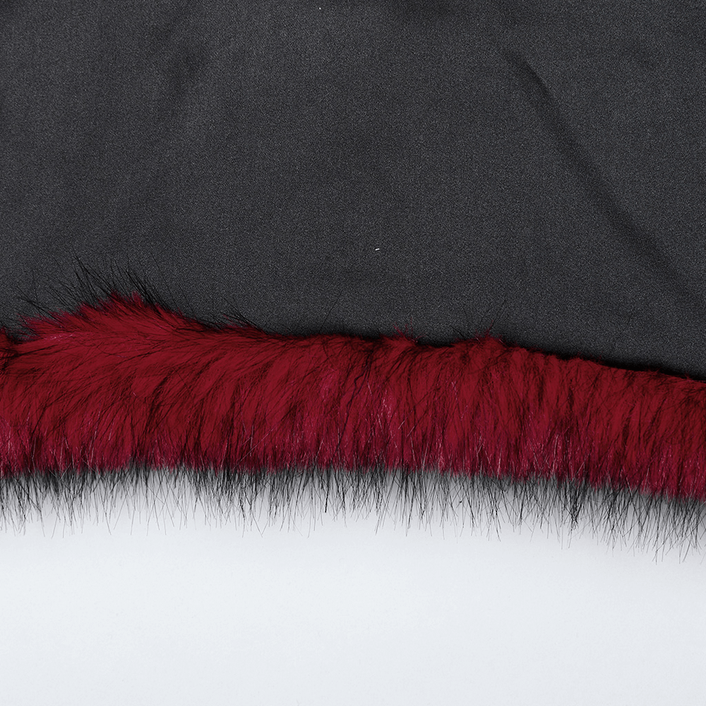 Close-up of wine red faux fur along the hem of a punk short jacket, highlighting its textured style and edgy design.