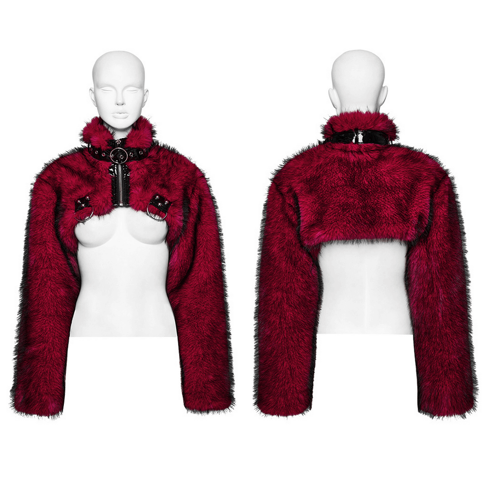 Edgy wine red faux fur punk short jacket with patent details, featuring a stylish stand collar and unique texture.
