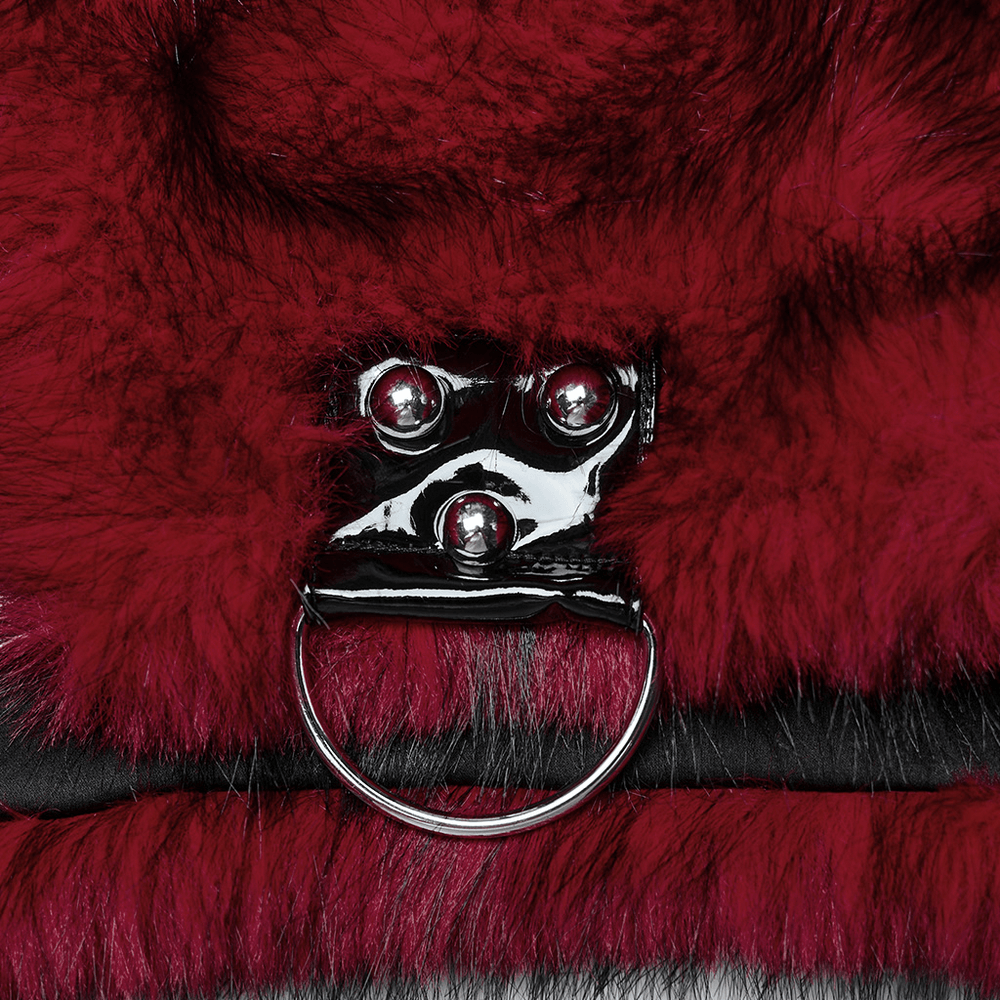 Close-up of wine red faux fur texture with glossy patent detail and hardware accent for a punk jacket.