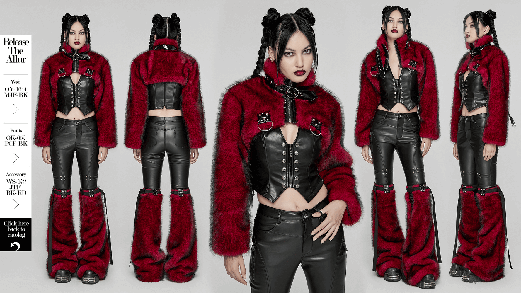 Edgy wine red faux fur short jacket with patent details and black leather pants, showcasing a bold punk style.