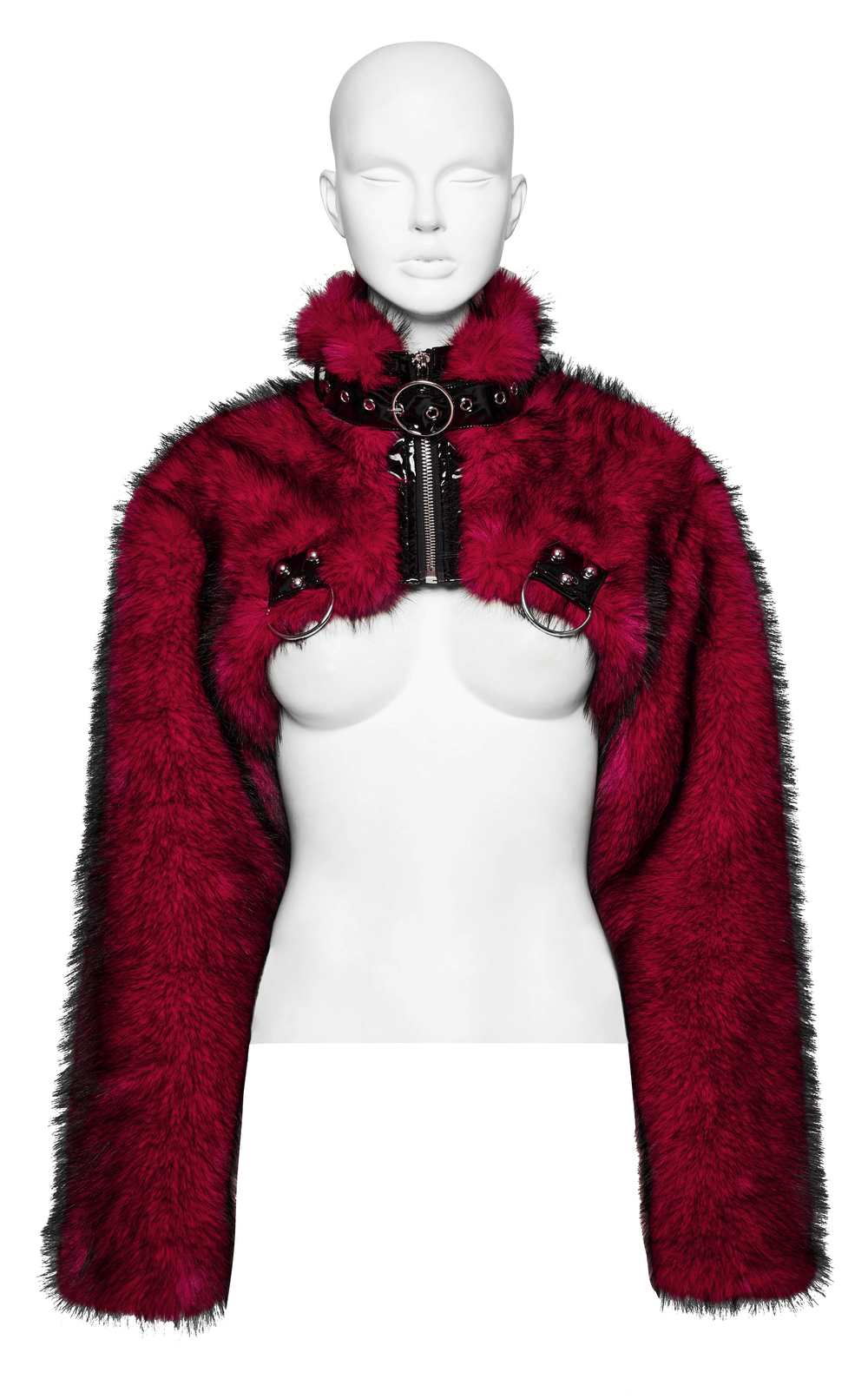 Weinrote Punk-Kurzjacke aus Kunstpelz mit Lackdetail