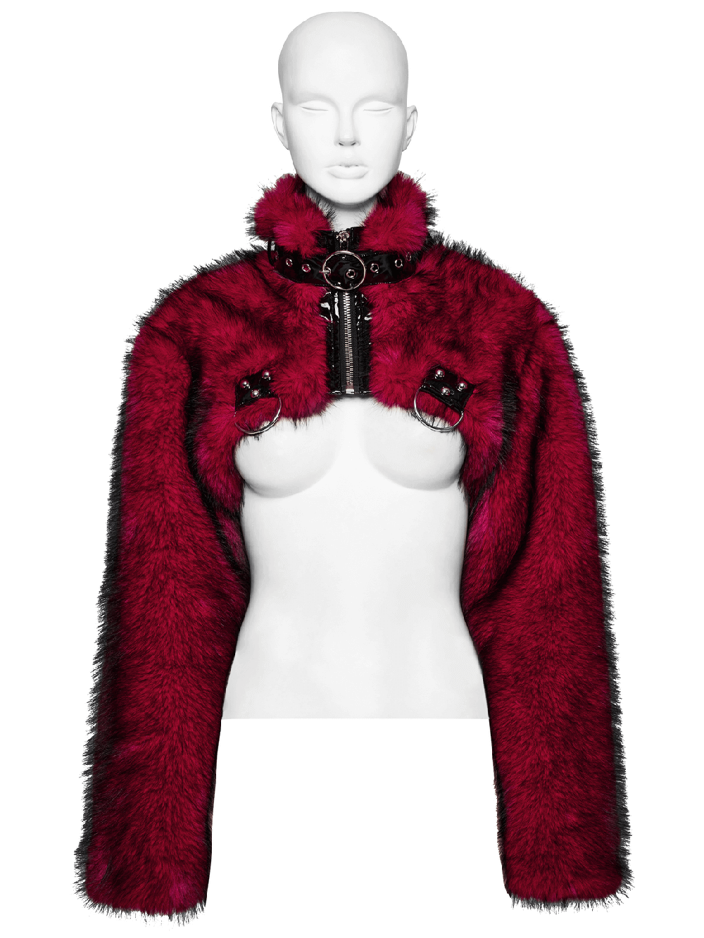 Edgy wine red faux fur punk jacket on mannequin, featuring glossy patent detailing and stylish short collar.