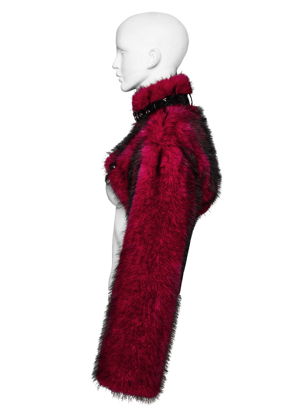 Wine red faux fur punk short jacket with patent detail on a mannequin, showcasing edgy style and texture.