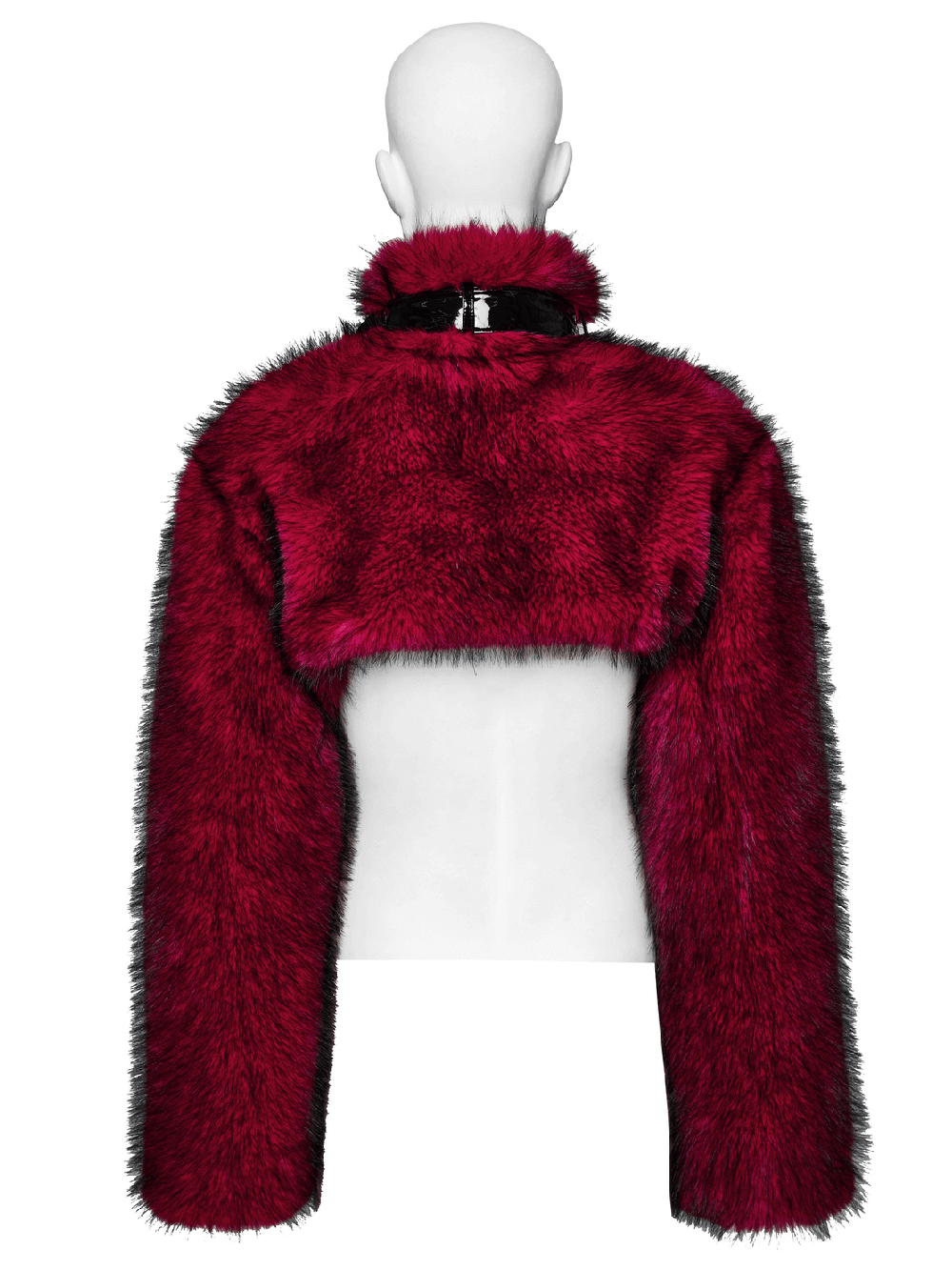Back view of a wine red faux fur punk short jacket featuring a stand collar and fluffy texture.