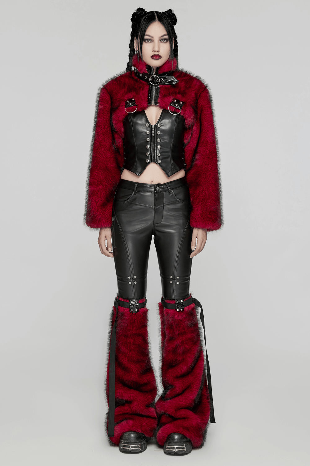Edgy model in a wine red faux fur punk short jacket and black leather pants, exuding fierce style and confidence.
