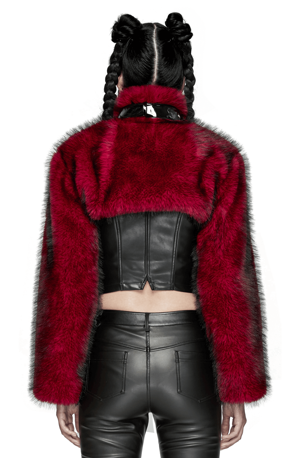 Back view of a wine red faux fur punk short jacket with glossy patent detail for women, styled with black skinny pants.