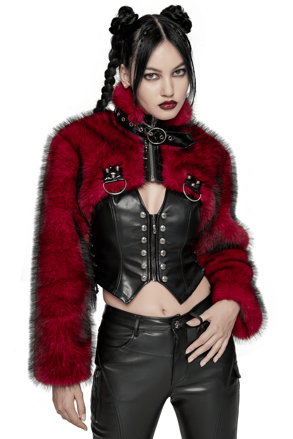 Edgy wine red faux fur punk short jacket with patent details, featuring a stylish stand collar and bold black accents.