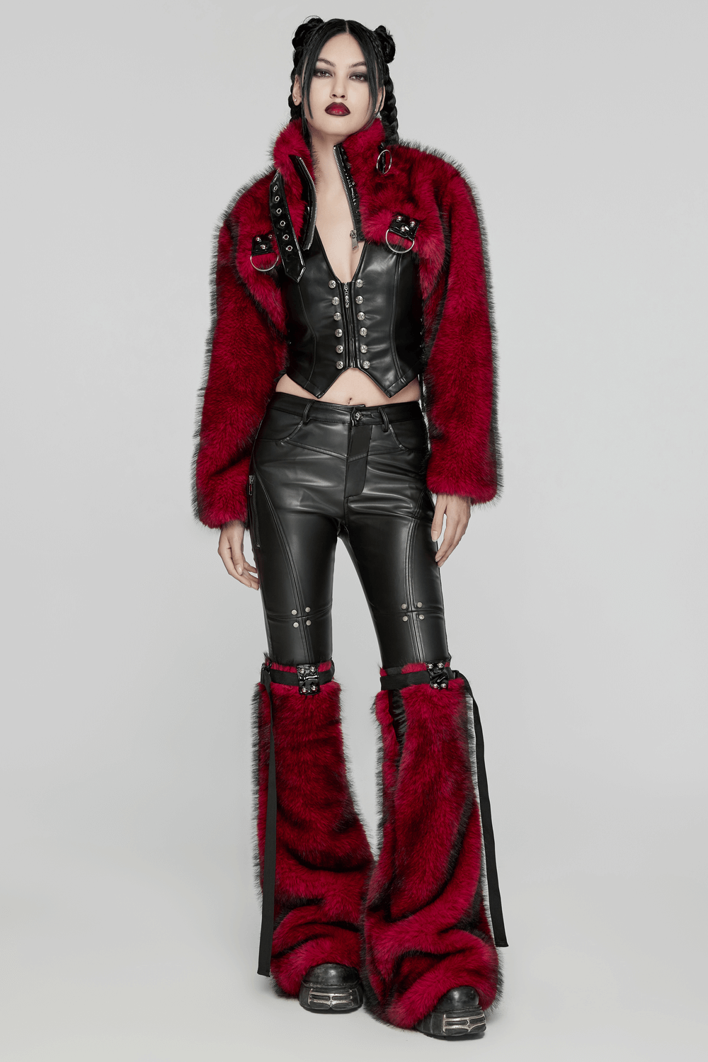 Edgy wine red faux fur punk jacket paired with black leather pants for a bold streetwear look.