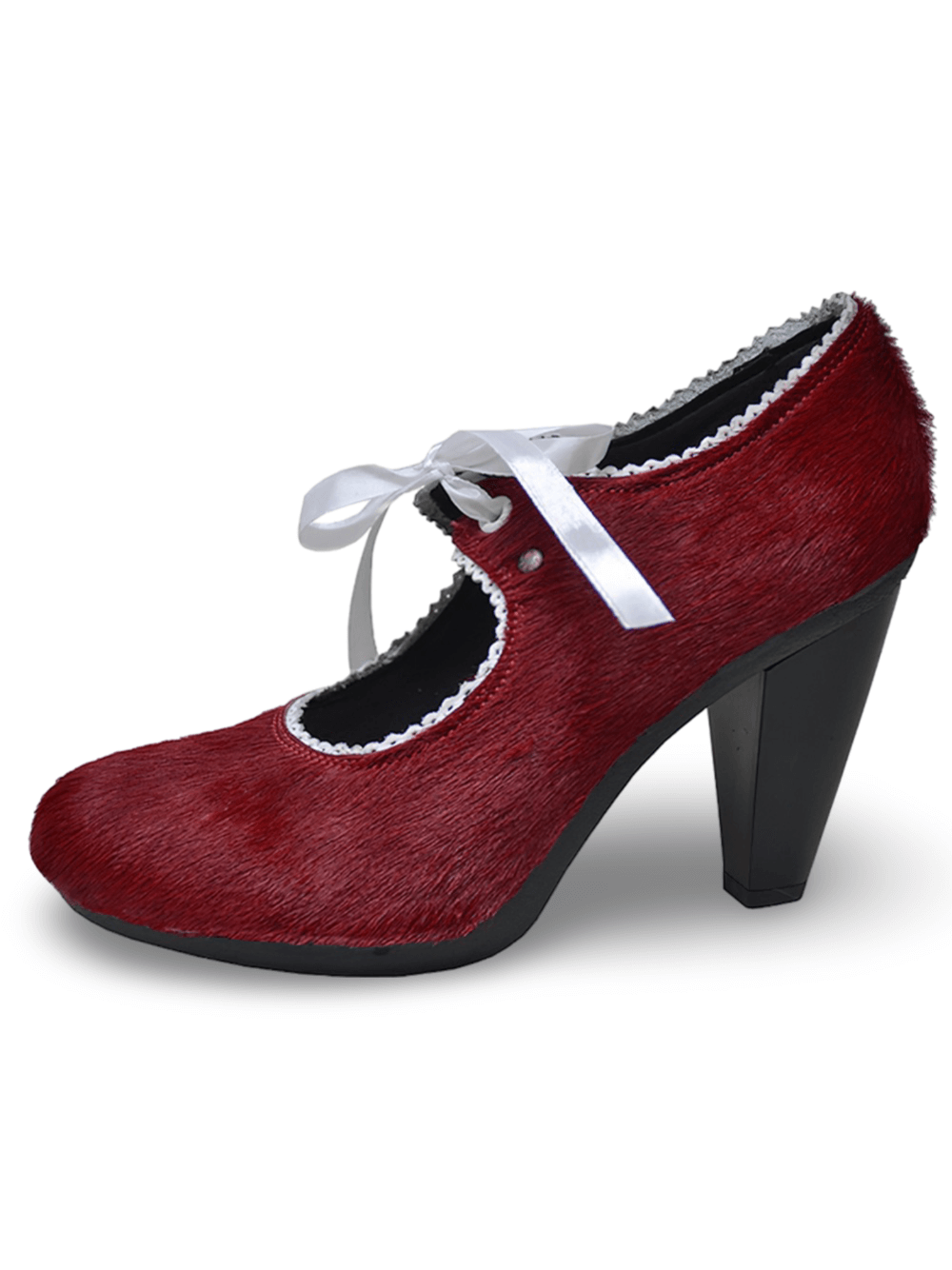 Zapatos de tacón alto de piel y cuero rojo vino con cordones blancos