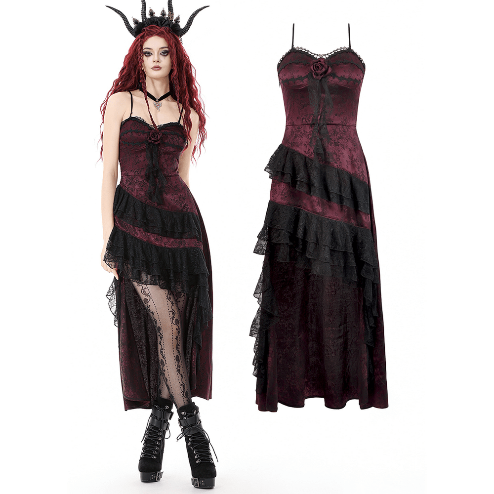 Wine Red Gothic Asymmetric Layered Dress with Rose Detail, featuring lace ruffles and corset bodice.