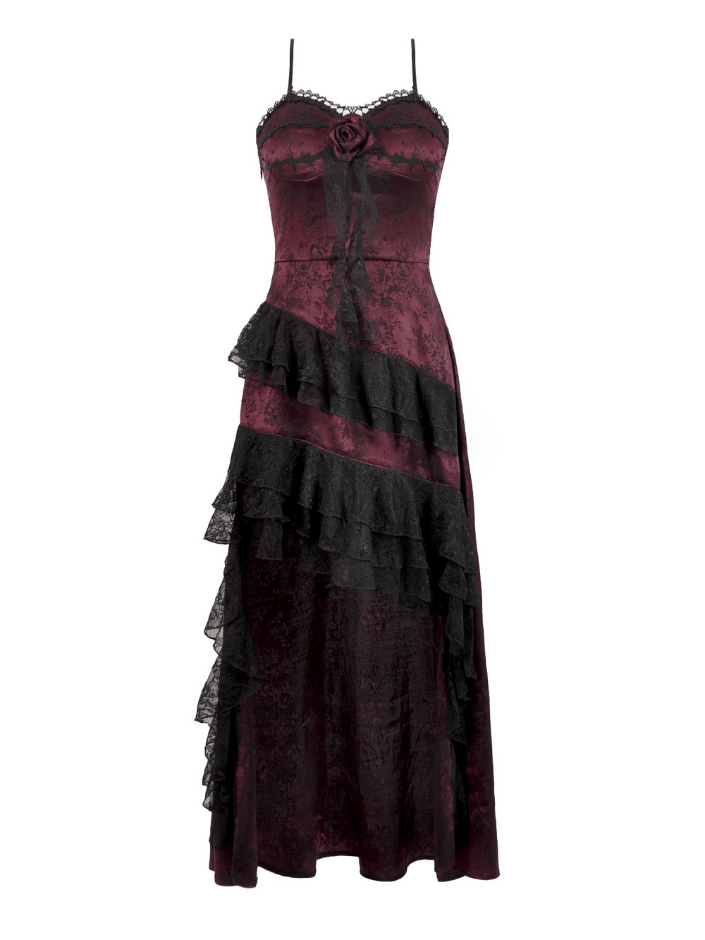 Wine Red Gothic Asymmetric Layered Dress with Rose Detail featuring lace ruffles and a corset-style bodice.