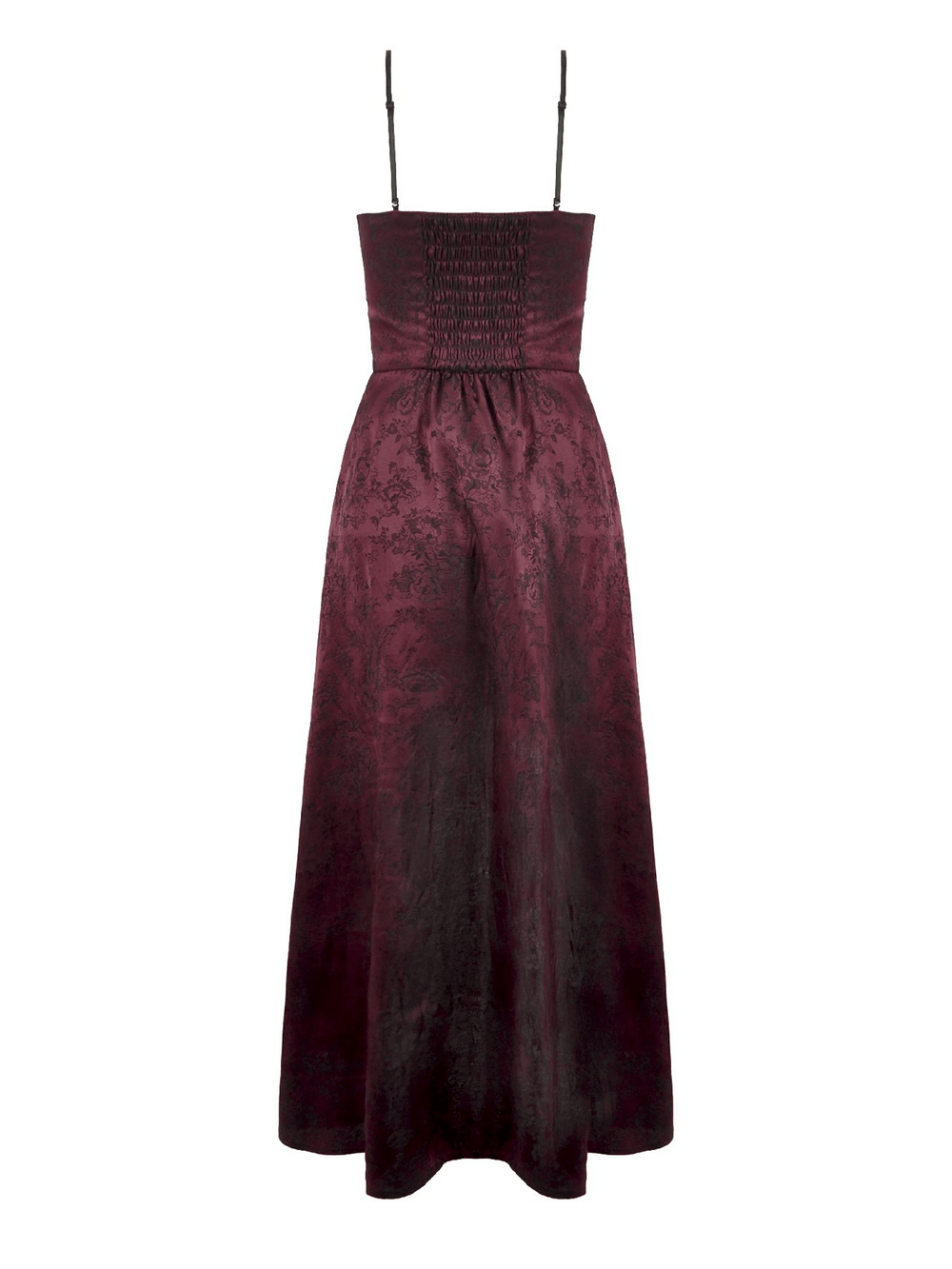 Wine Red Gothic Asymmetric Layered Dress with Rose Detail showcasing elegant lace and ruffles.