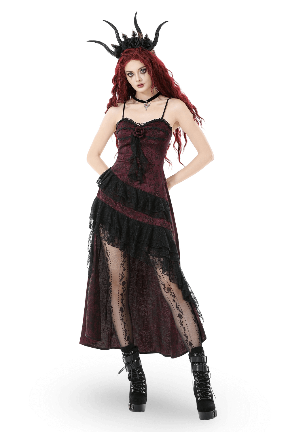 Wine Red Gothic Asymmetric Layered Dress with Rose Detail worn by model with red hair and horns.