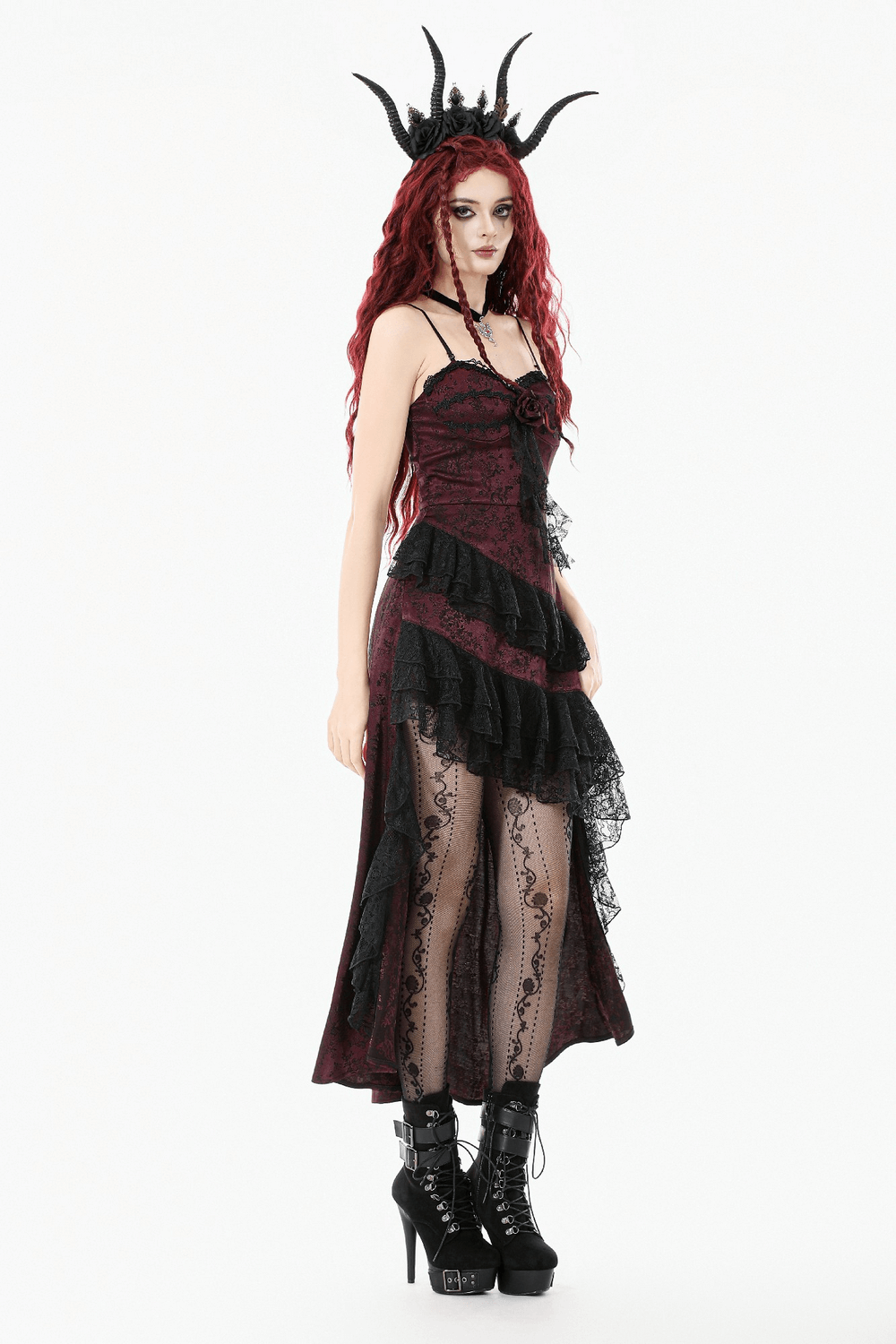 Wine Red Gothic Asymmetric Layered Dress with Rose Detail worn by a model showcasing its layered ruffles and dark allure.