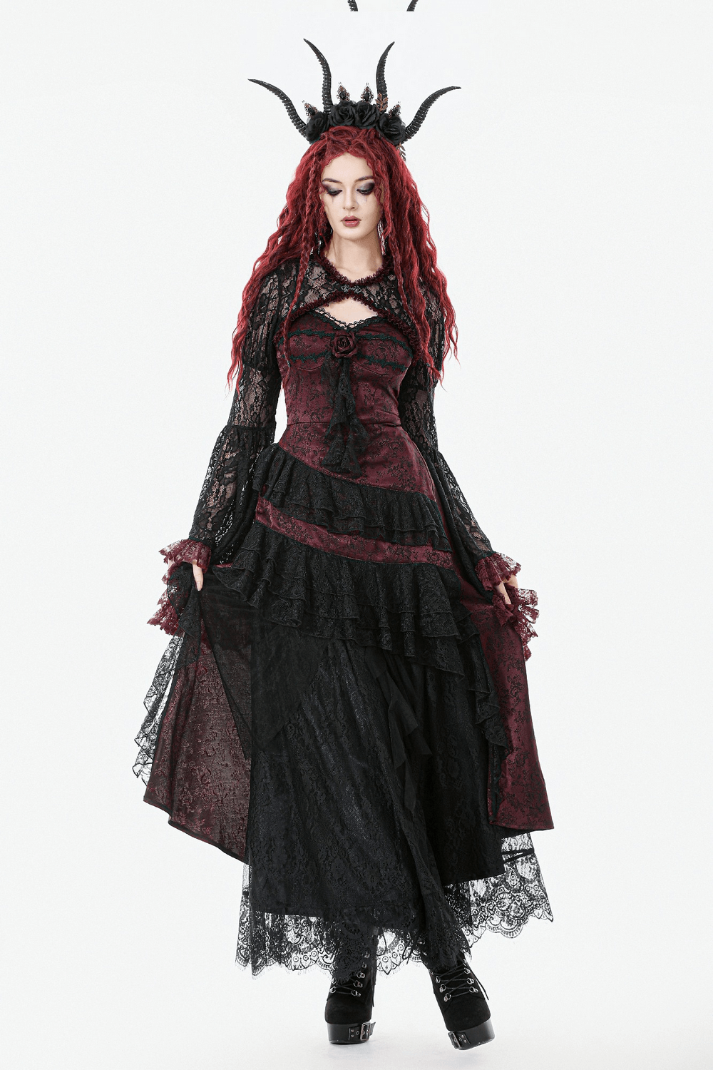 Wine Red Gothic Asymmetric Layered Dress with Rose Detail on a model with long red hair and Gothic accessories.