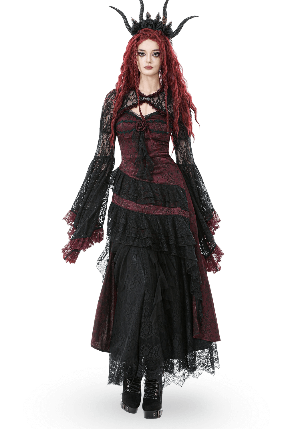 Wine Red Gothic Asymmetric Layered Dress with Rose Detail on a model with dramatic red hair and lace accents.