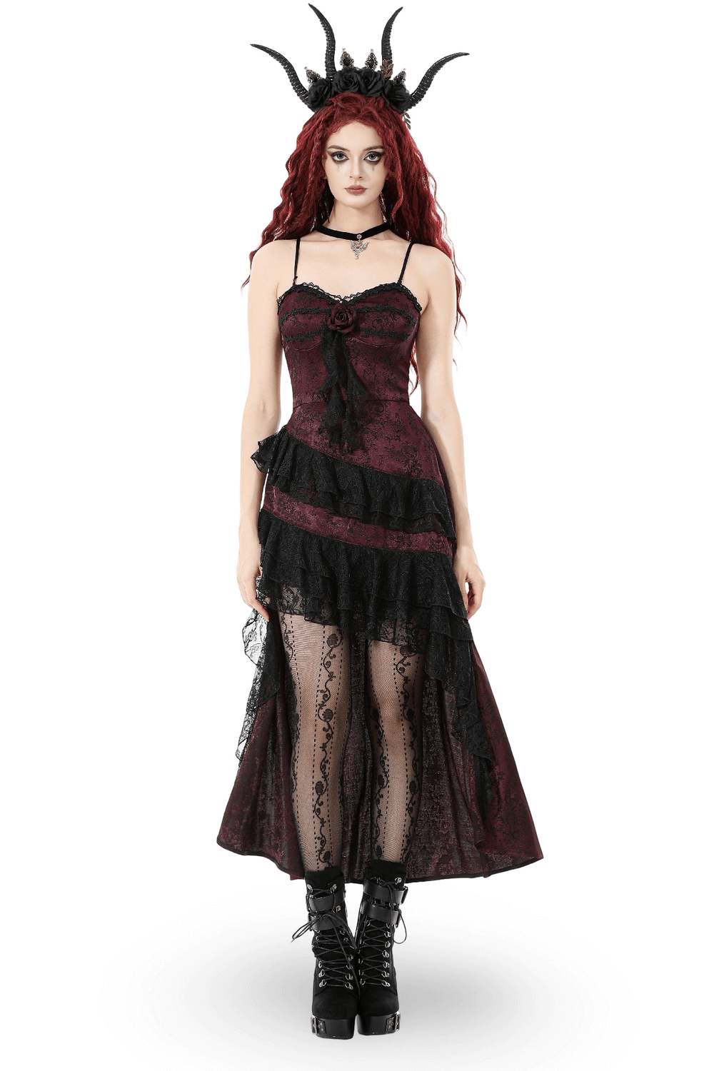 Wine Red Gothic Asymmetric Layered Dress with Rose Detail featuring lace and ruffles, perfect for gothic fashion.