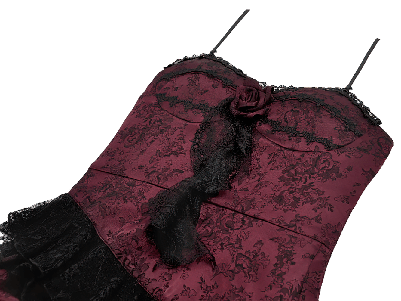 Wine Red Gothic Asymmetric Layered Dress with Rose Detail featuring intricate lace and ruffles.