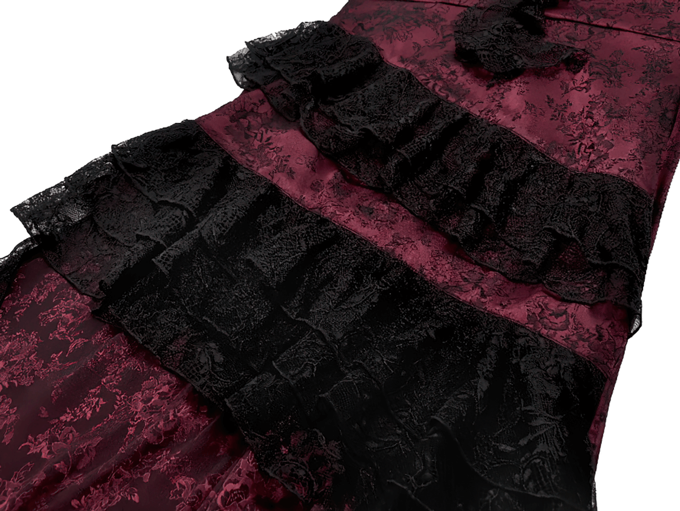 Wine Red Gothic Asymmetric Layered Dress with Rose Detail showcasing lace ruffles and burgundy fabric.