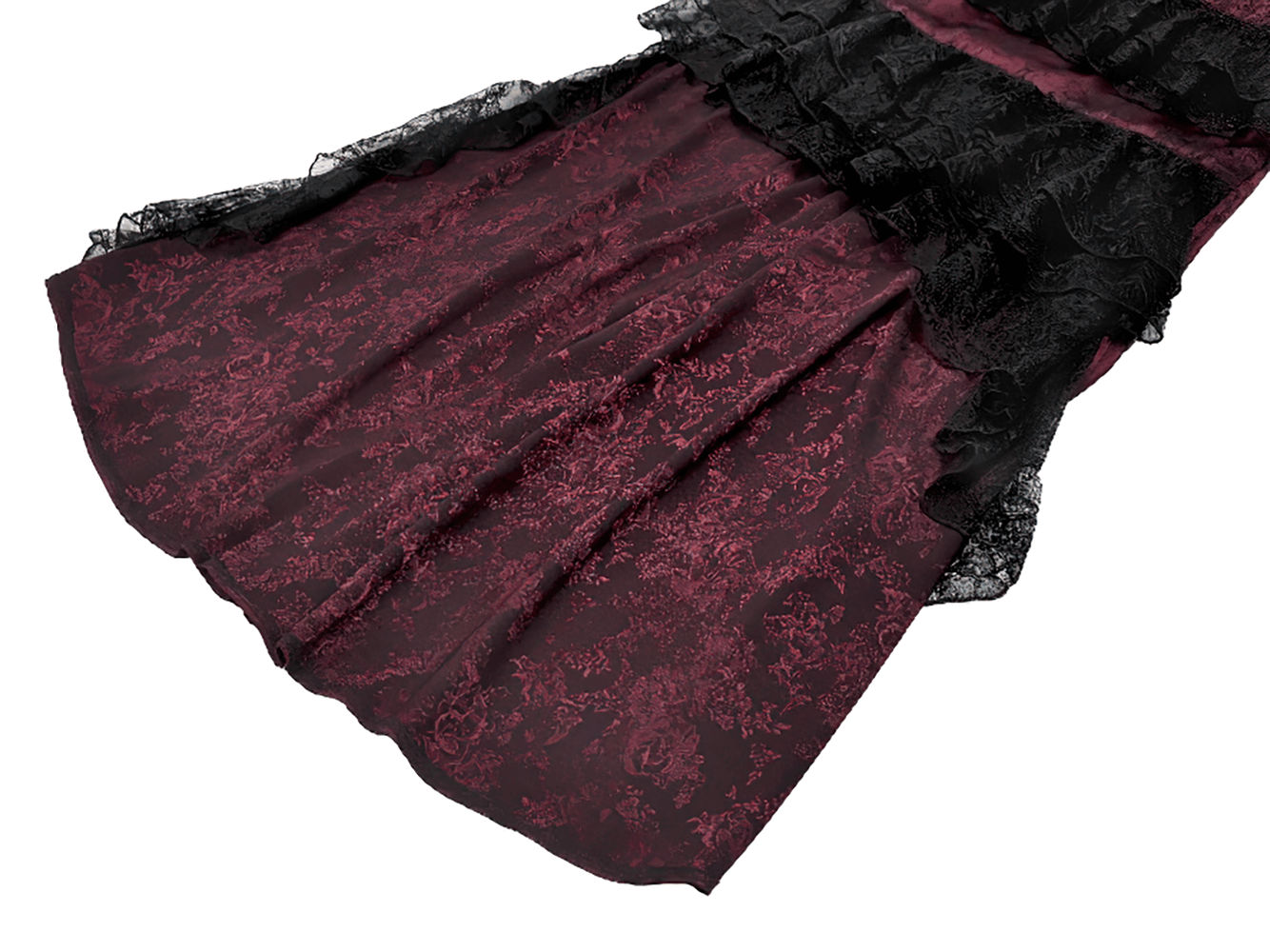 Wine Red Gothic Asymmetric Layered Dress with Rose Detail showcasing intricate lace ruffles and an elegant cascading hem.