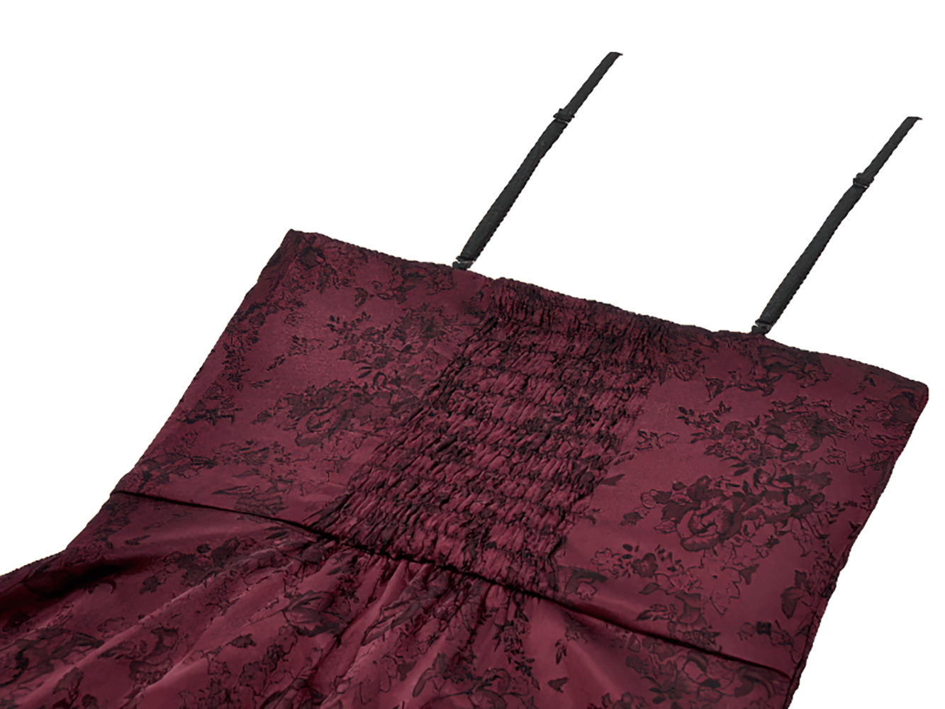 Wine Red Gothic Asymmetric Layered Dress with Rose Detail close-up of bodice and adjustable straps.