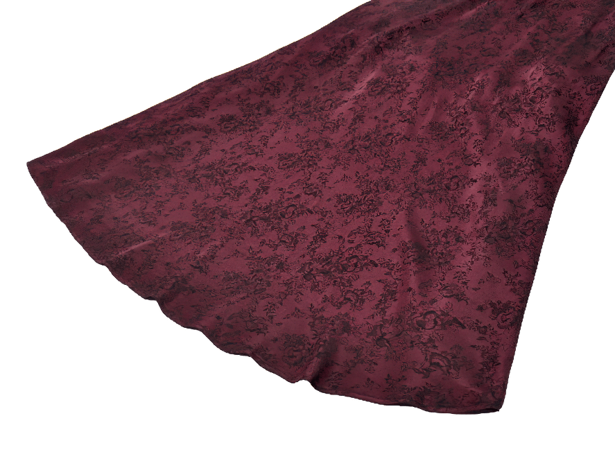 Wine Red Gothic Asymmetric Layered Dress with Rose Detail showcasing intricate lace pattern and flowing hem.