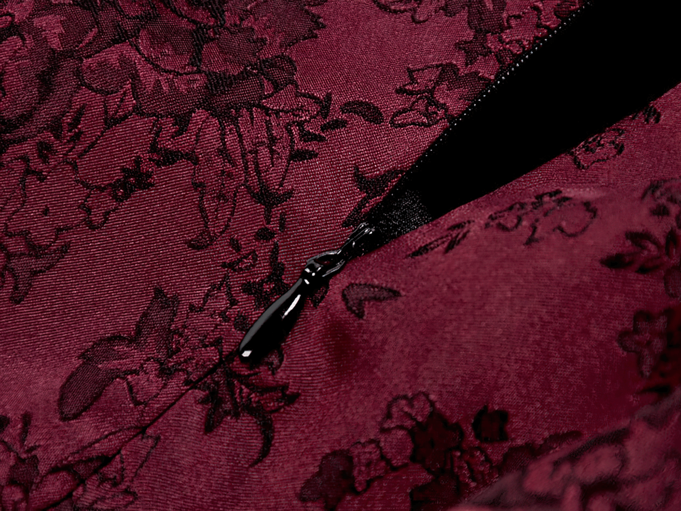 Wine Red Gothic Asymmetric Layered Dress with Rose Detail zipper detail close-up on burgundy lace fabric