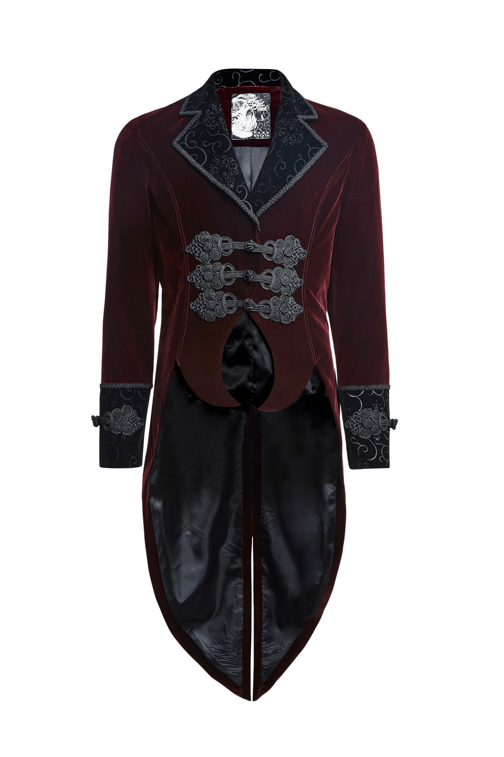 Elegant wine red Gothic jacket with classical tailcoat design and ornate buttons, crafted from luxurious flannel.