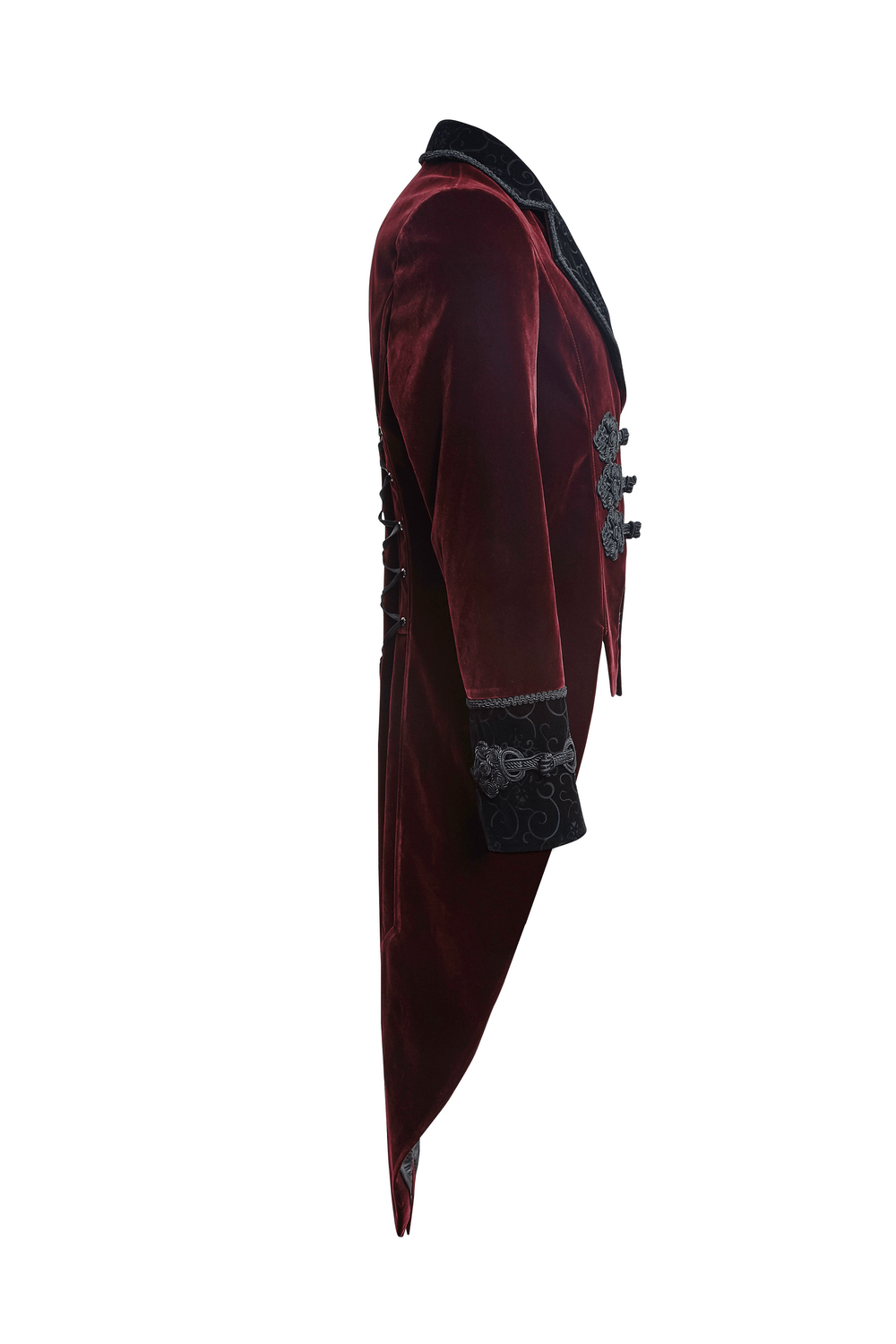 Elegant wine red Gothic jacket with classical tailcoat design and ornate buttons.