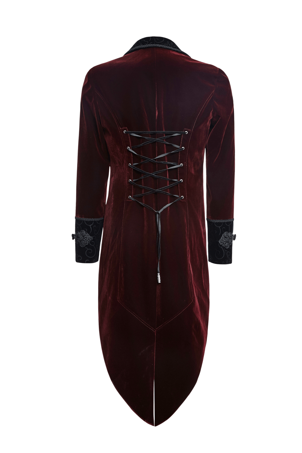 Back view of a wine red Gothic jacket with scissor tail and intricate lacing detail.