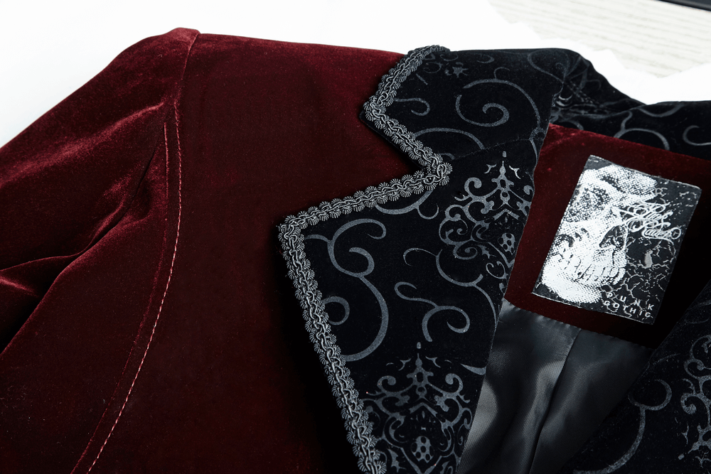 Wine red Gothic jacket showcasing exquisite scissor tail detail and ornate black patterned collar.