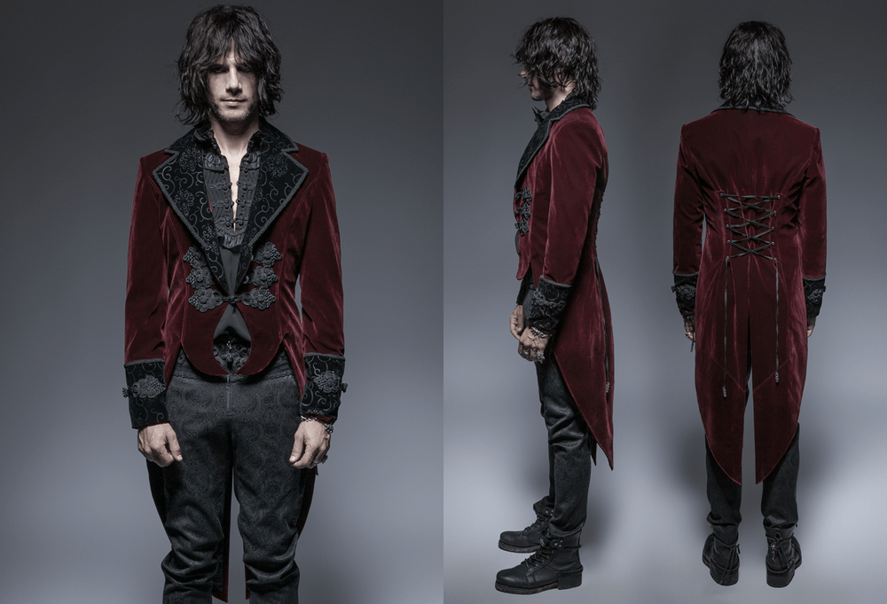 Wine red Gothic jacket with classical tailcoat design, showcasing luxurious flannel and ornate buttons.