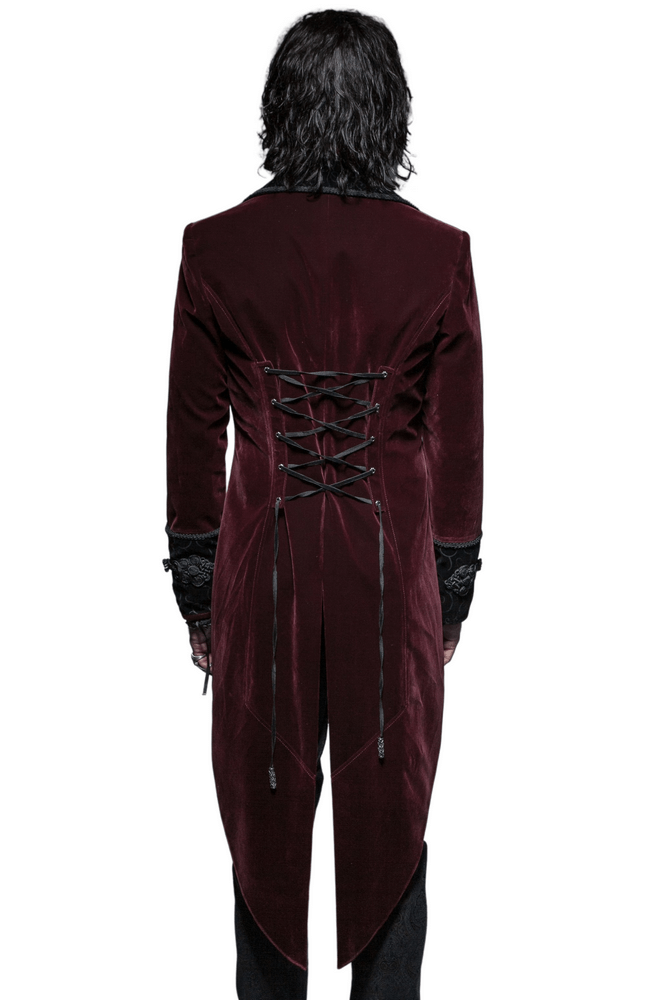 Back view of a wine red Gothic jacket with scissor tail design and lace-up detail.