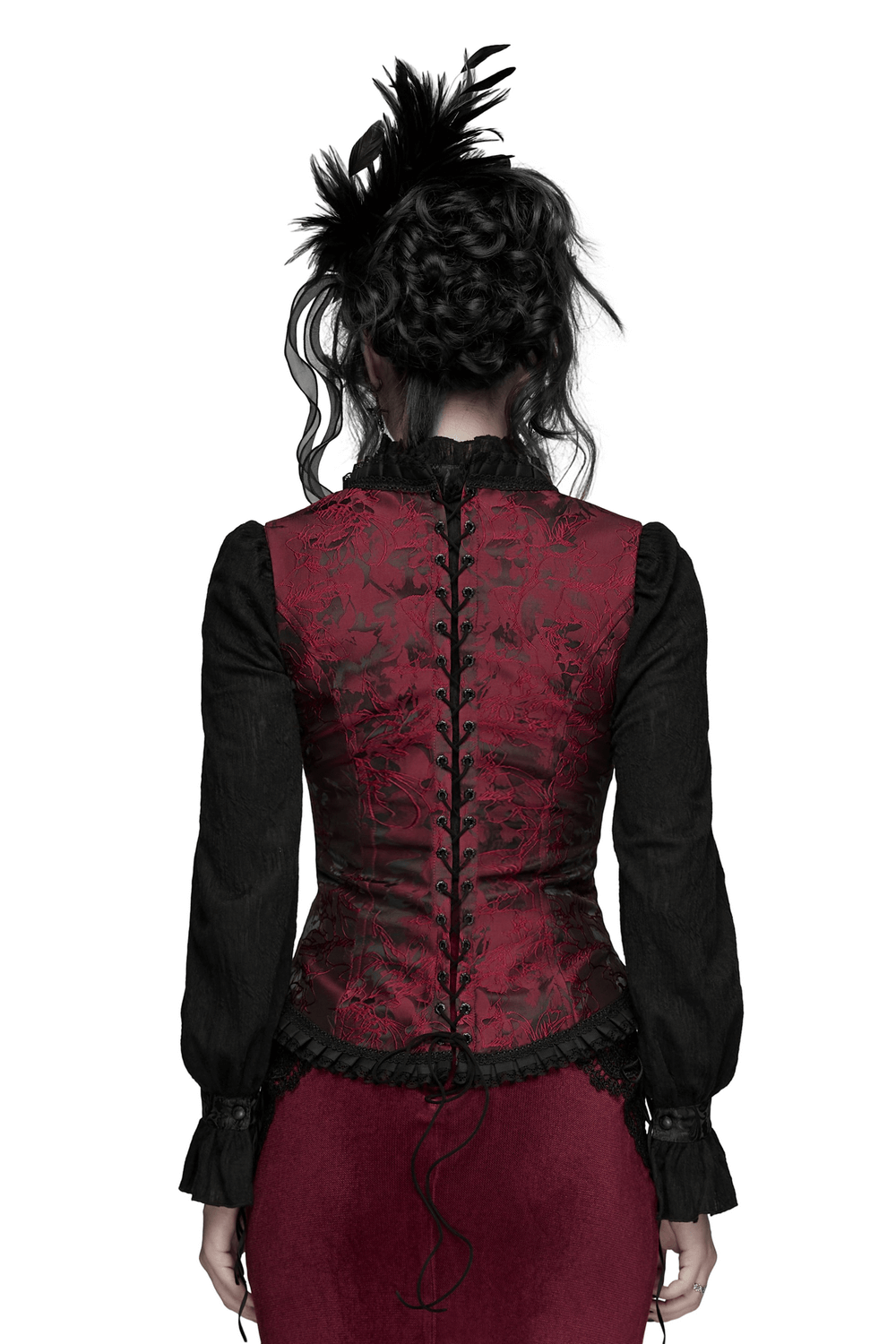 Alt Tag: Wine Red Gothic Lace Trim Corset Vest with Drawstrings back view, red brocade corset vest with black sleeves and lace trim