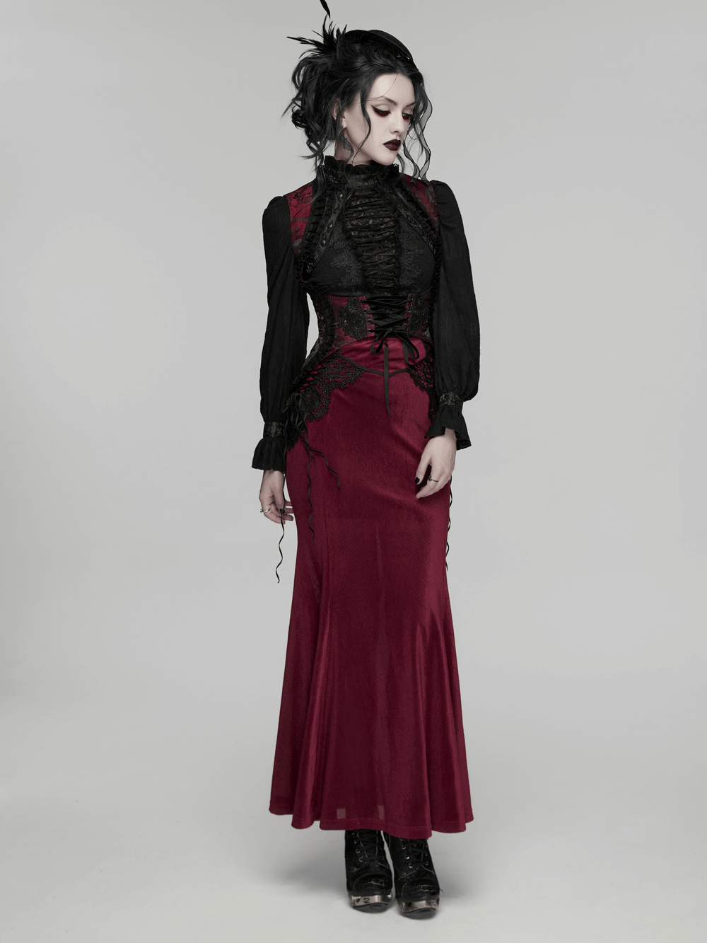 Alt Tag: Wine Red Gothic Lace Trim Corset Vest with Drawstrings on model, black lace bodice and wine red skirt, edgy gothic style