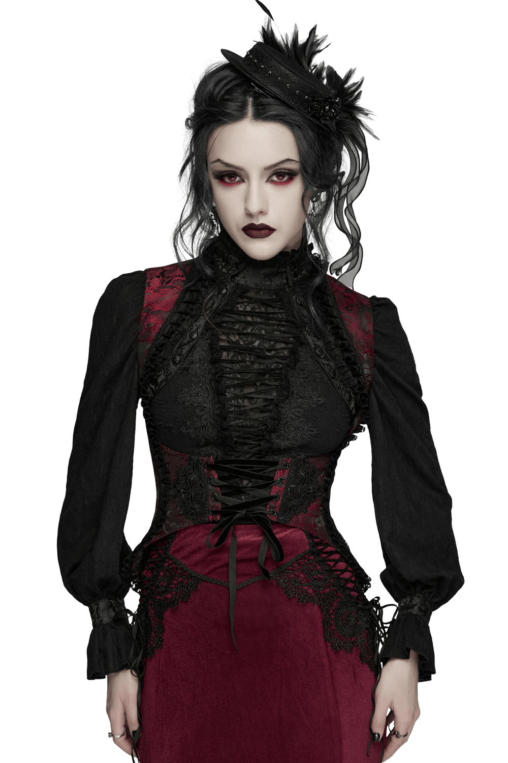 Alt Tag: Wine Red Gothic Lace Trim Corset Vest with Drawstrings on model, black lace gothic look with long sleeves and hat