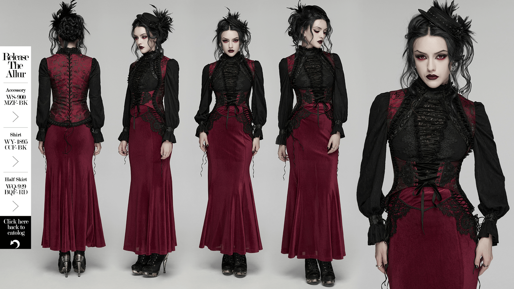 Alt Tag: Wine Red Gothic Lace Trim Corset Vest with Drawstrings on model, lace-up waist, black sleeves, vampy goth outfit front and back views