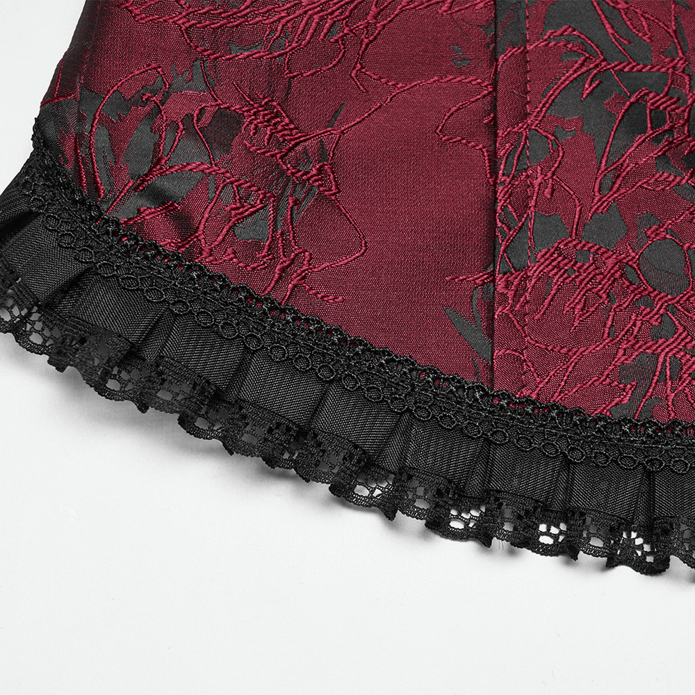Alt Tag: Wine Red Gothic Lace Trim Corset Vest with Drawstrings close-up of wine-red floral brocade and black lace ruffle hem