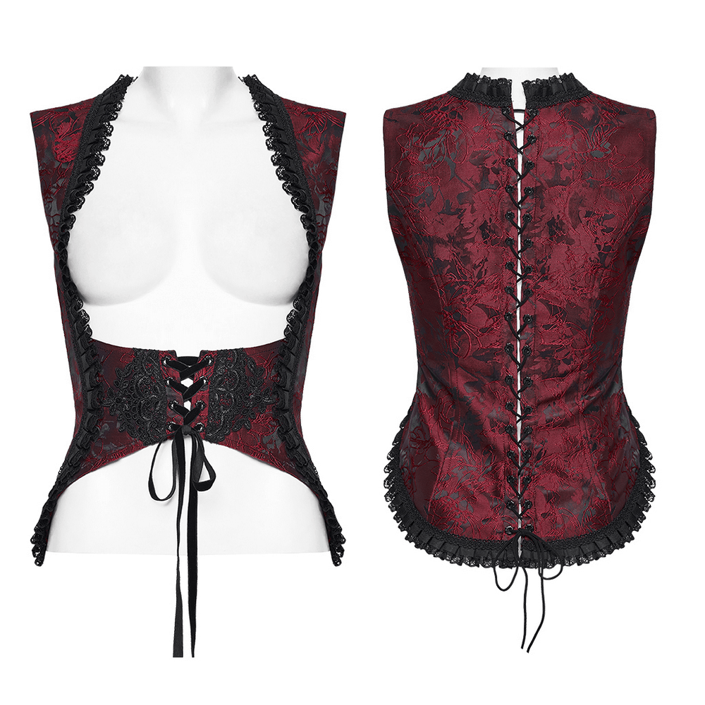 Wine Red Gothic Lace Trim Corset Vest with Drawstrings, front and back view, lace-up detailing, black lace trim, vampy chic vibe