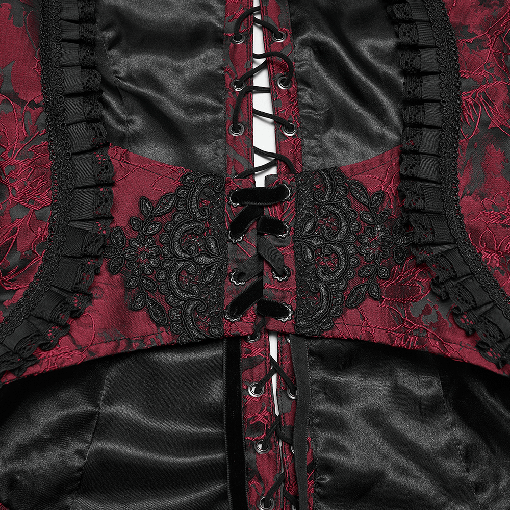 Alt Tag: Wine Red Gothic Lace Trim Corset Vest with Drawstrings close-up, black satin panels, lace trim, front lacing detail