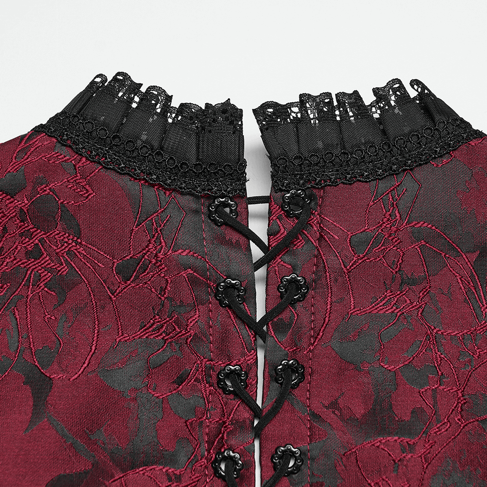 Alt Tag: Wine Red Gothic Lace Trim Corset Vest with Drawstrings featuring black lace collar and front drawstring lacing