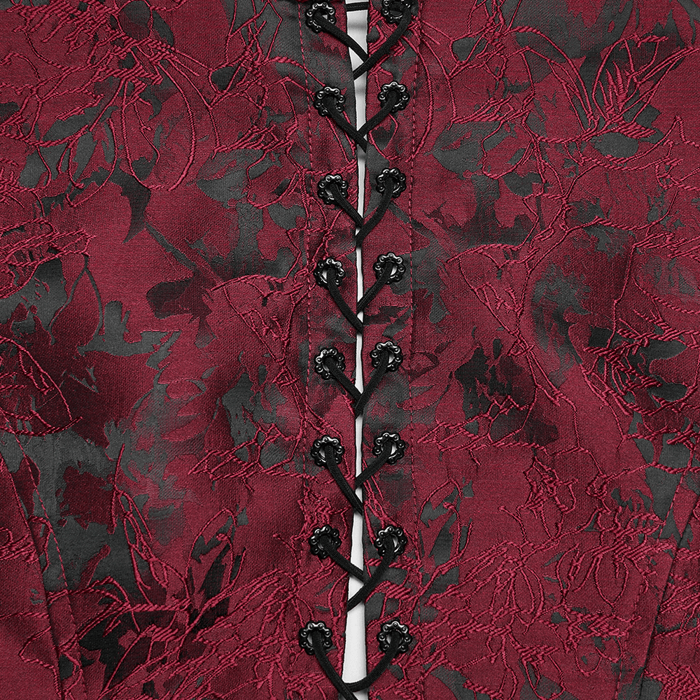 Alt Tag: Wine Red Gothic Lace Trim Corset Vest with Drawstrings close-up, black lace-up front with floral jacquard texture