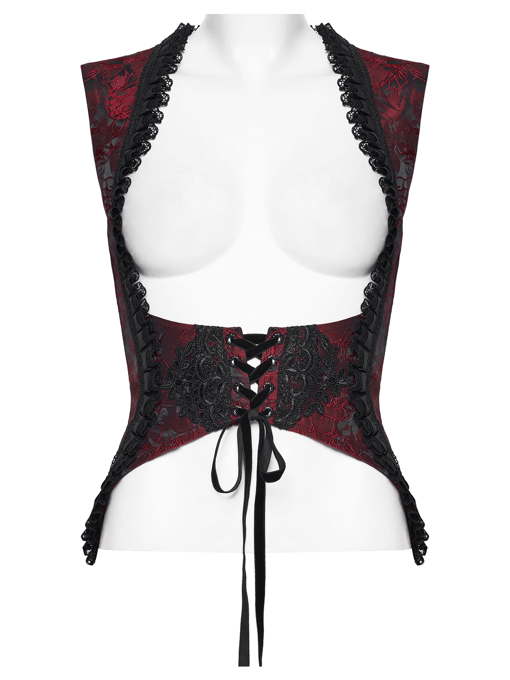 Alt Tag: Wine Red Gothic Lace Trim Corset Vest with Drawstrings, sleeveless lace-up front vest in wine red with black lace trim