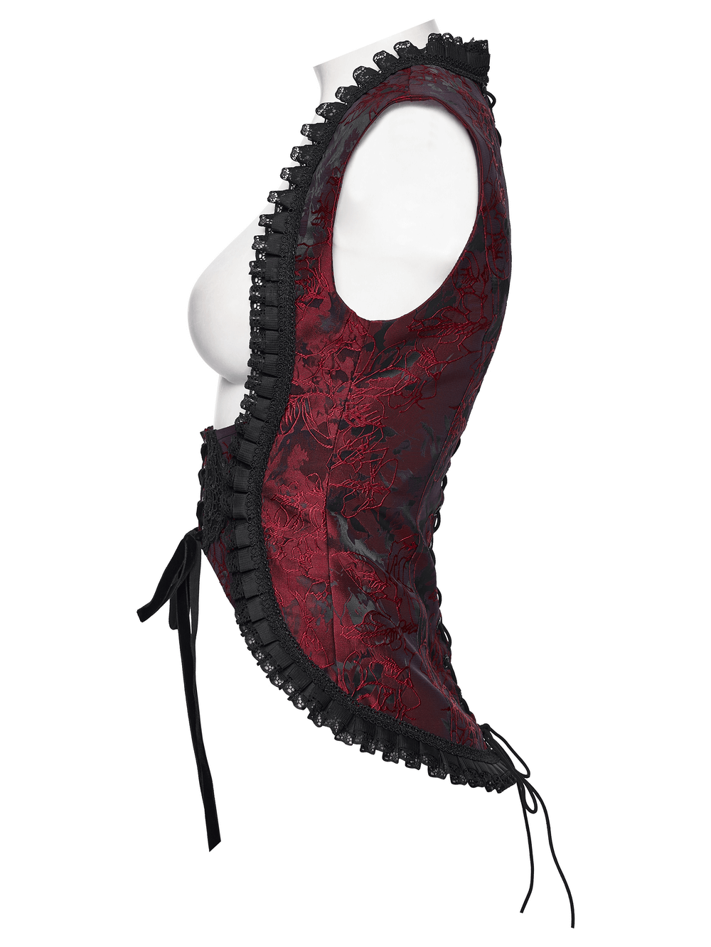 Alt Tag: Wine Red Gothic Lace Trim Corset Vest with Drawstrings side view on mannequin, black lace ruffle trim and tie drawstrings