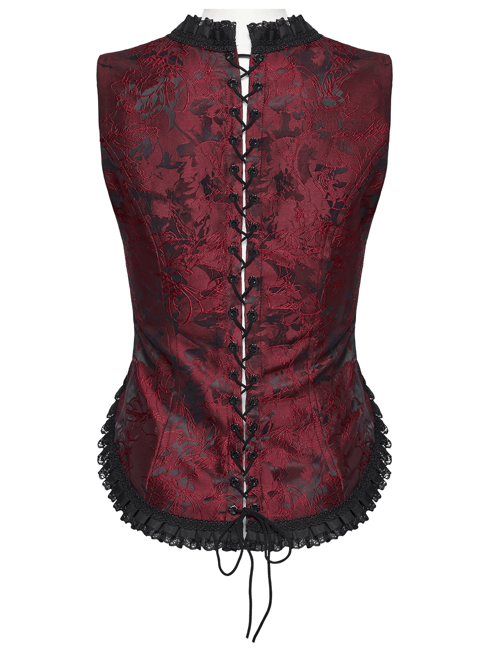Alt Tag: Wine Red Gothic Lace Trim Corset Vest with Drawstrings, floral brocade front lace-up corset top with black ruffle trim