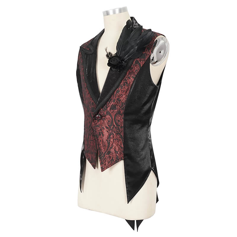 Wine red gothic retro swallowtail waistcoat with feather detail for men, perfect for alternative fashion parties.