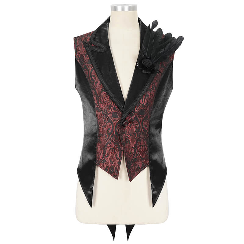 Wine red gothic retro feather swallowtail waistcoat for men, perfect for alternative fashion parties.