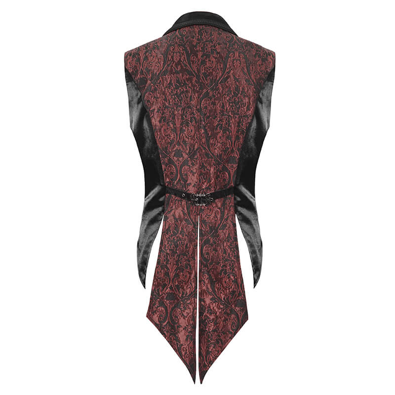 Men's wine red gothic retro swallowtail waistcoat with feather detailing, perfect for alternative fashion events.