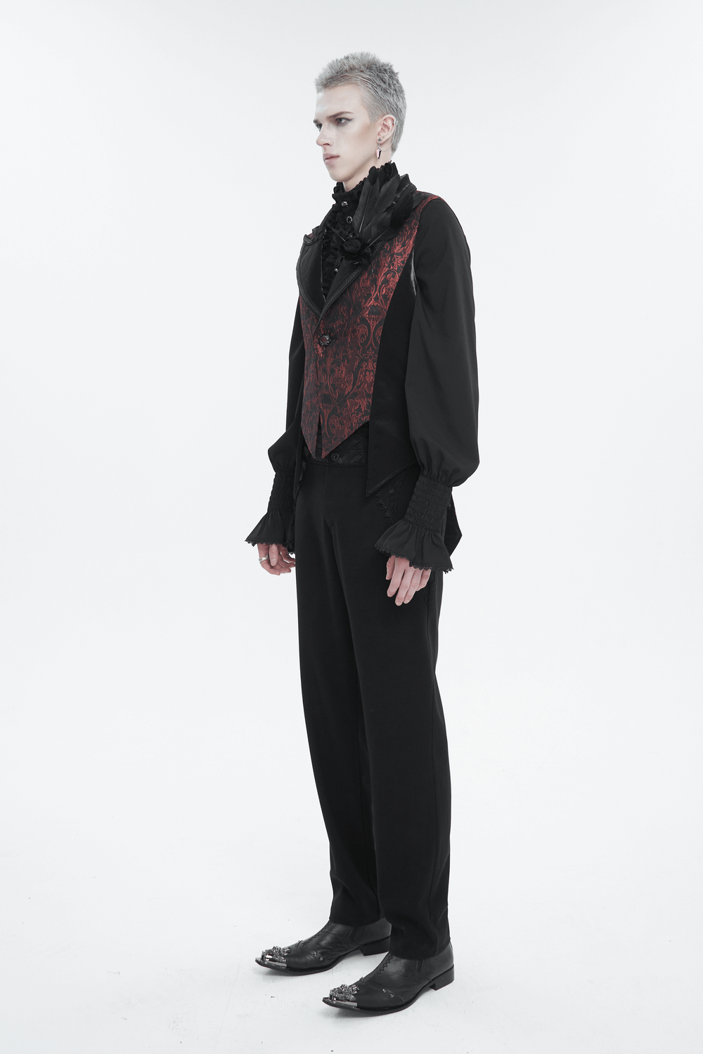 Men's wine-red gothic swallowtail waistcoat paired with black pants and striking accessories in alternative fashion.